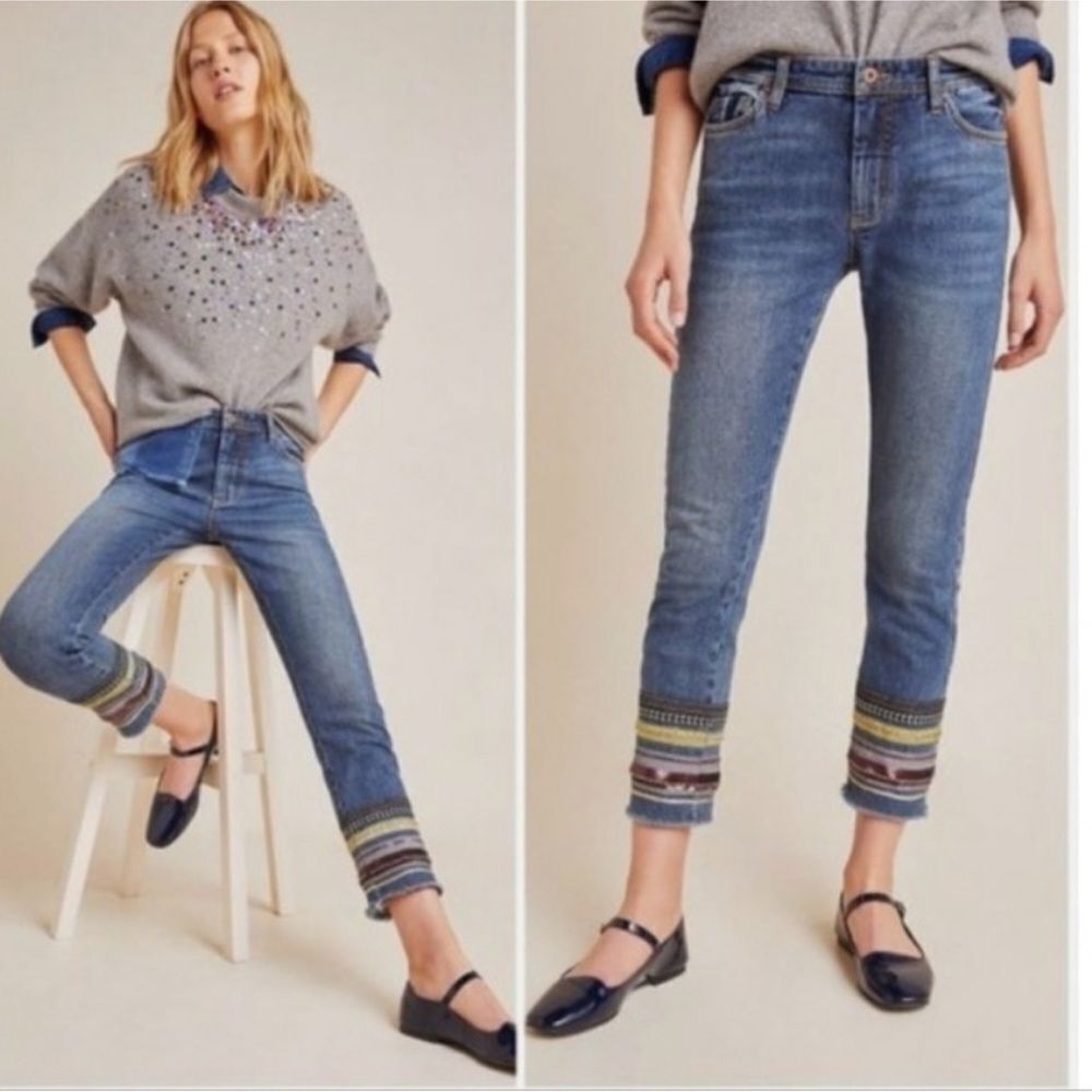 NWOT Anthropologie Pilcro High Rise Slim Straight Embroidered Jeans 25